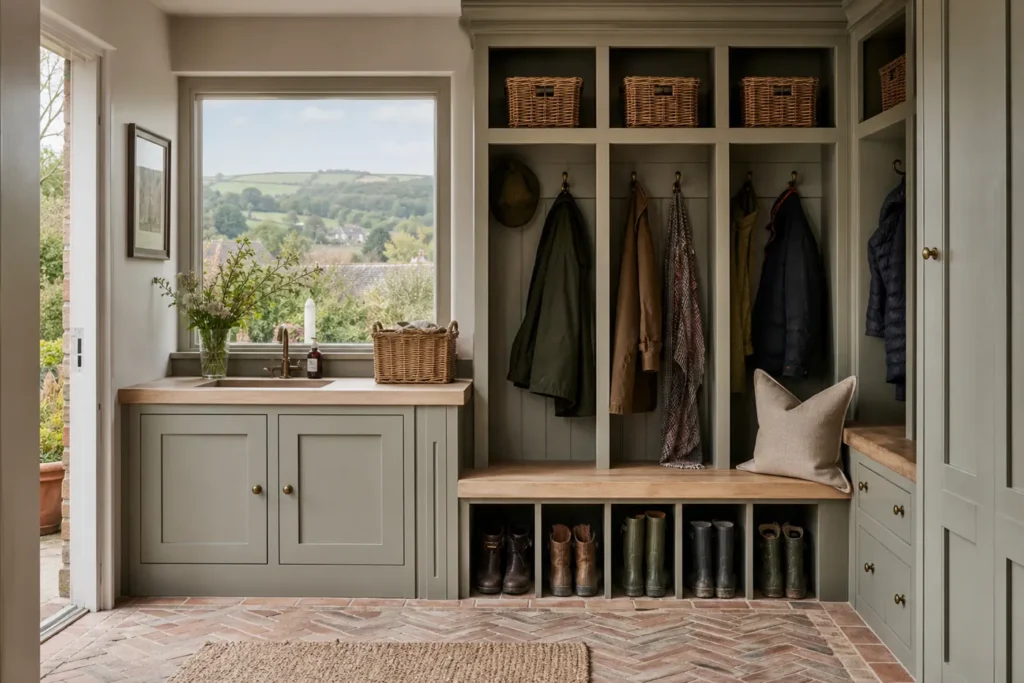 bespoke joinery Storrington - South Downs boot room bench and coat storage by Brown’s Design & Joinery